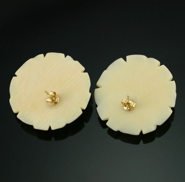 Vintage 14k Yellow Gold Faux Ivory Carved Rose Flower 30 mm Big 