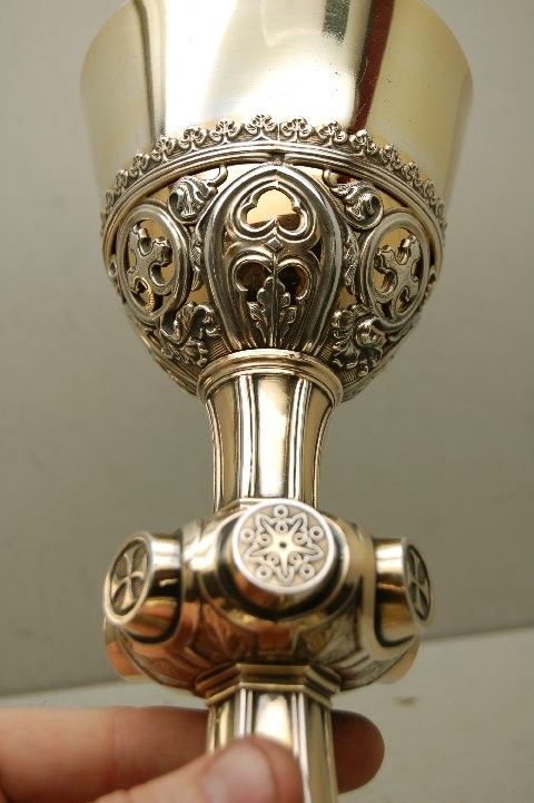 100 year old Sterling Gothic Chalice, Paten & Case +  