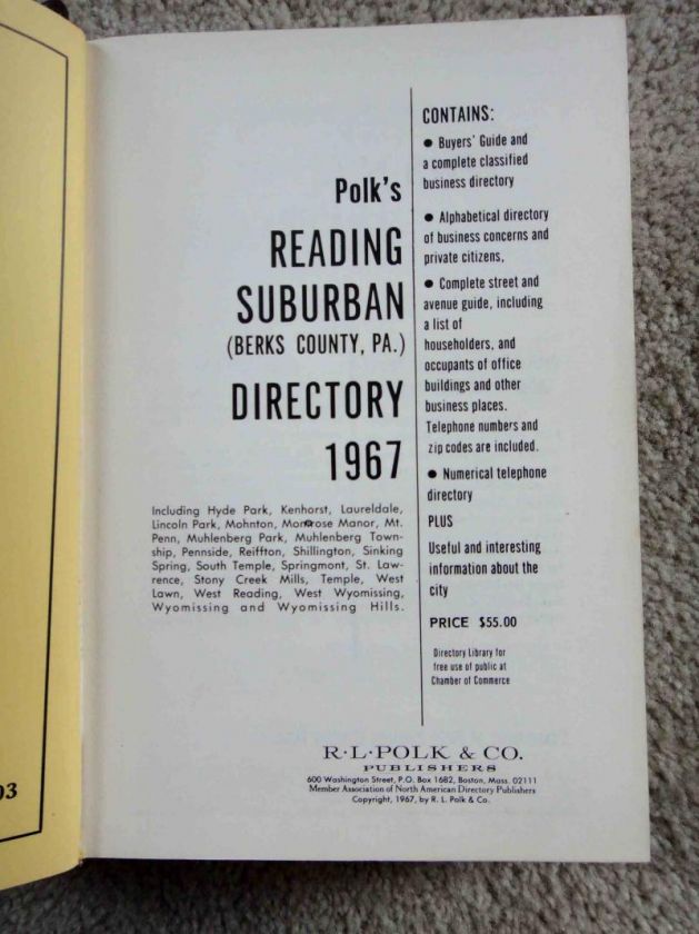 1967 vintage READING PA TELEPHONE DIRECTORY polk HC  