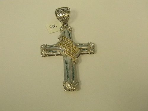 14K WHITE GOLD DIAMOND CROSS   TREATED BLUE AND YELLOW  