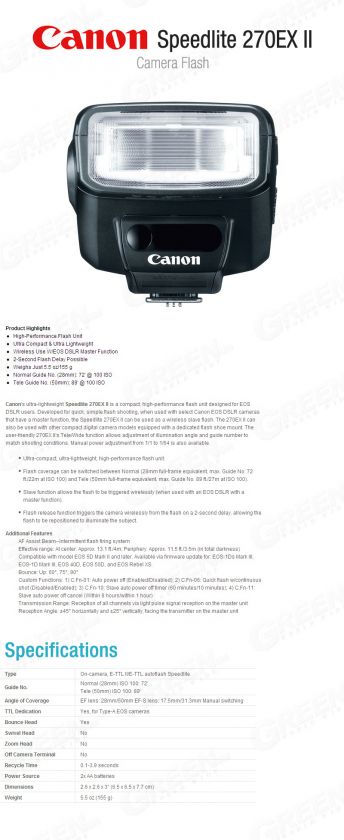 New CANON Speedlite 270EX II for Canon DSLR Cameras Flash +Worldwide 