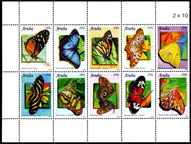 Aruba 2010 BUTTERFLIES set of 10 stamps in block MNH  