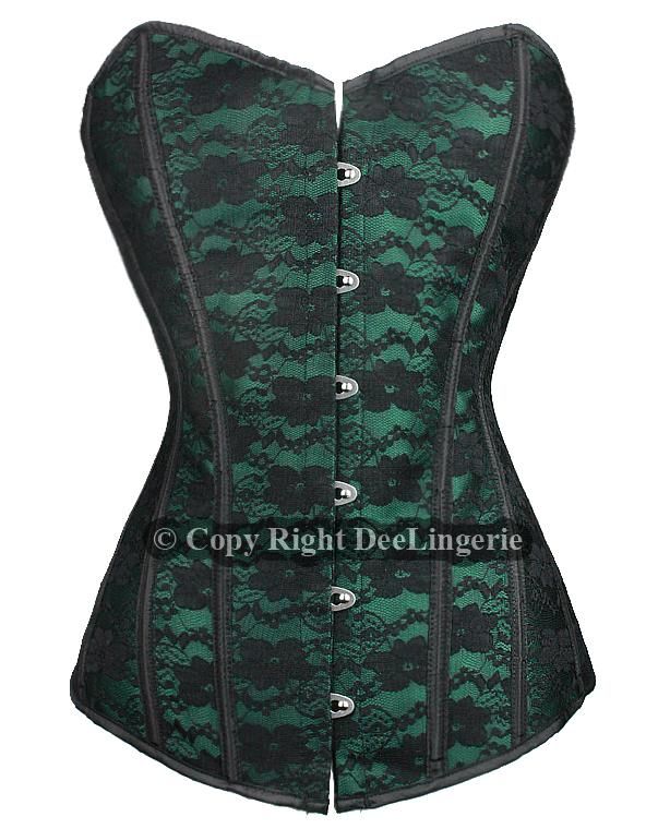 Glamorous Green Satin Boned Corset Black Lace Overlay  