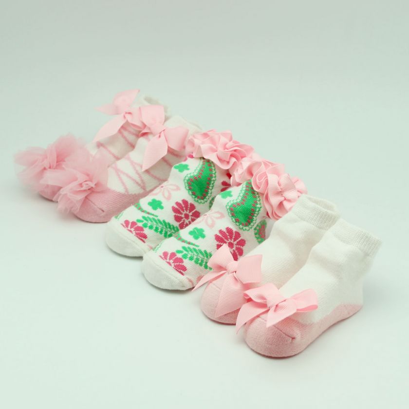 US 3 Pairs New Infant Baby Girls Bow Flower Cute Dance Shoes Socks 