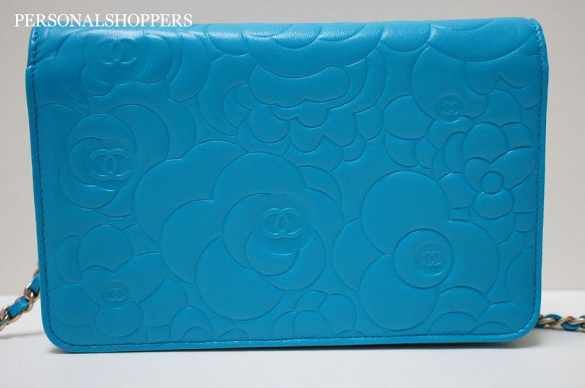   CHANEL TURQUOISE GHW CAMELLIA LEATHER WALLET ON A CHAIN WOC BAG  