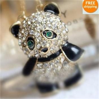 New Womens Fashion Rhinestone panda pendant Sweater chain Necklace 