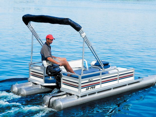 5hp Tohatsu shown here with an Angler mini pontoon boat. The 3.5hp 