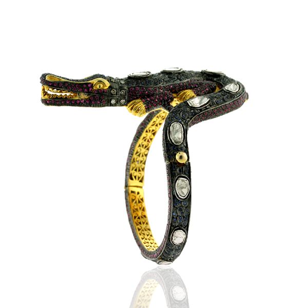 Blue Sapphire Ruby Diamond Crocodile Alligator Bangle 14k Gold Silver 