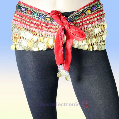 Belly Dance Hip Scarf Belt Velvet Gold Coins New Red  