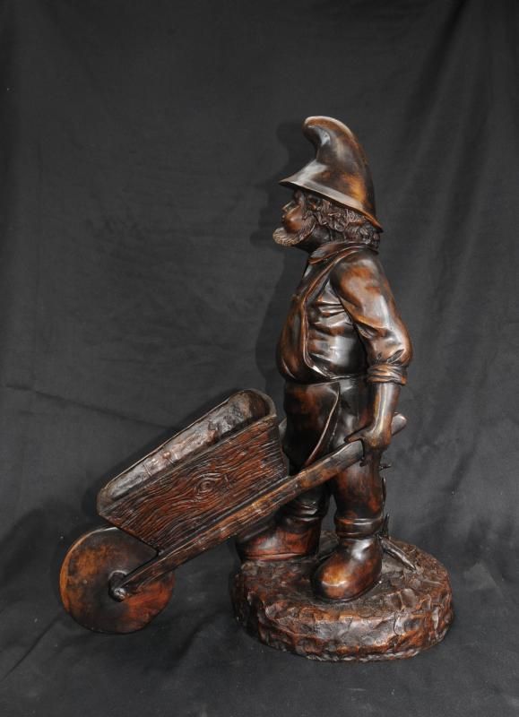 Bronze Garden Gnome Wheelbarrow Sculpture  