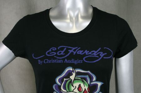 ED Hardy Womens T shirt Black Rose Of Death S M L SKULL  