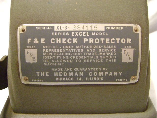 Vintage Hedman Company Chicago IL F&E Check Protector Original Working 