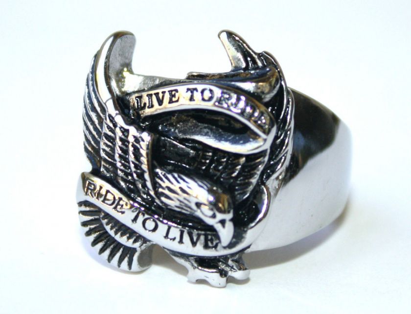 Harley Biker Hawk Eagle Live to Ride Stainless Steel Ring  