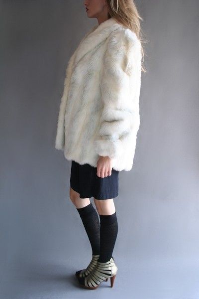   FOX FUR COAT L XL White Rabbit Jacket Chubby Vegan Leather Glam  