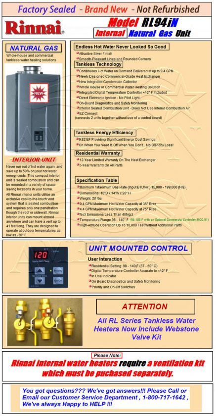 RINNAI RL94iN NATURAL GAS TANKLESS WATER HEATER 9.4  