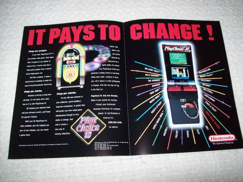 NINTENDO PLAYCHOICE 10 ORIGINAL VIDEO ARCADE GAME SALES FLYER BROCHURE 