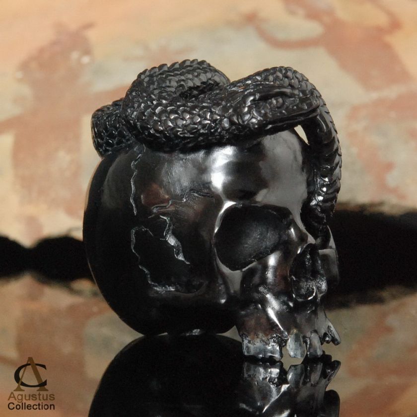 HUMAN SKULL & SNAKE Horn NETSUKE Art Carving Memento Mori Sculpture 