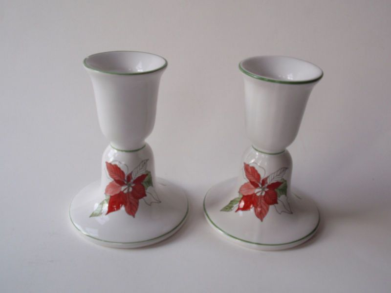 Vintage Block Poinsettia China Candlestick Holder Pair  