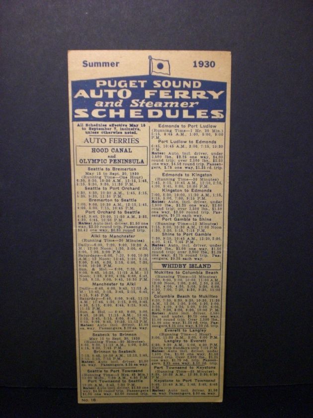 1930 BLACK BALL PUGET SOUND AUTO FERRY AND STEAMER SCHEDULE FREE 