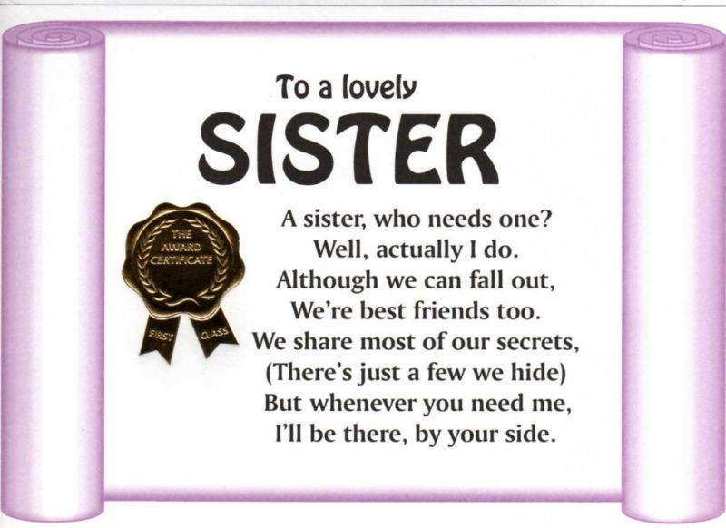 Lovely Sister Award Certificate   32 Styles In Stock  