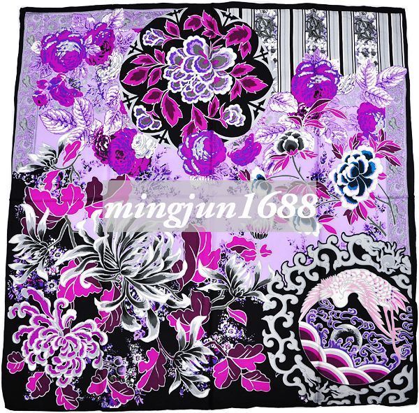 Beautiful Flower 100% SILK TWILL Scarf Headband Black Purple Fashion 