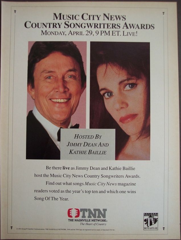 Jimmy Dean, Kathie Baillie vintage 1991 TNN music Ad  