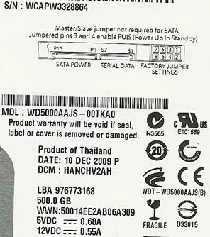 WESTERN DIGITAL 500GB WD5000AAJS 00TKA0 DCM HANCHV2AH  