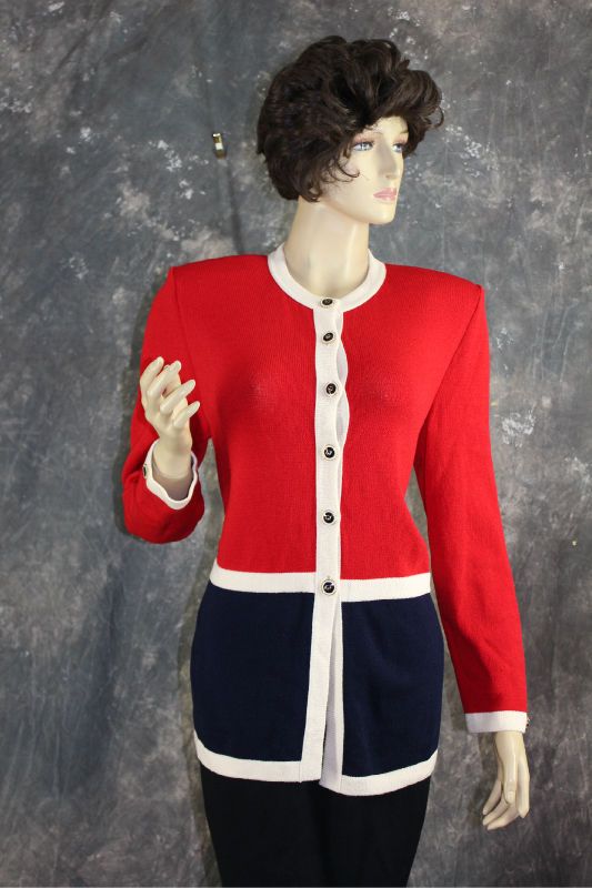 Santana Knit Ivory Navy blue red suit jacket blazer St John Collection 