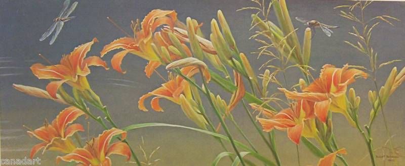 Robert BATEMAN print Daylilies & Dragonfly Original LE  