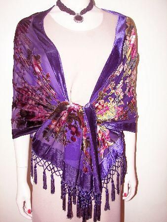 Silk Velvet Wrap Scarf Shawl Purple English Rose Beaded  