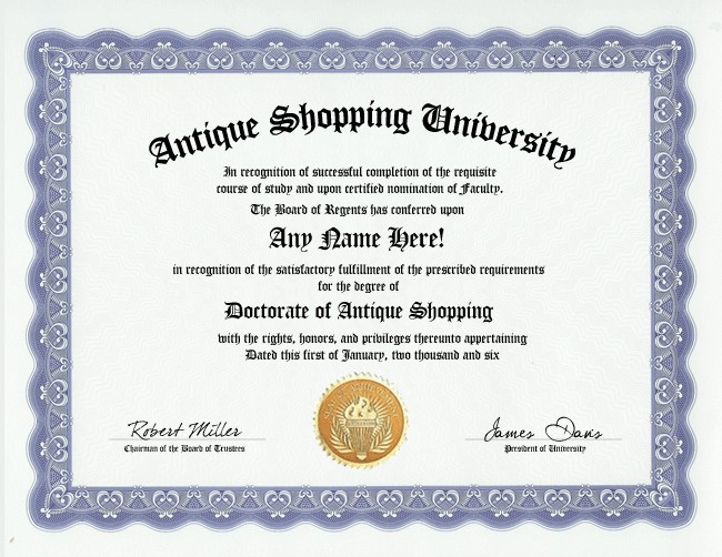 ANTIQUE SHOPPING DIPLOMA  ANTIQUES SHOPPER  GAG DEGREE  