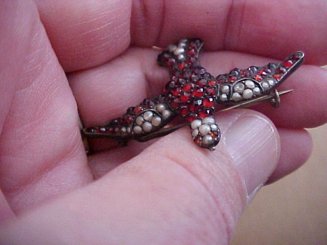 Antique Sterling Bohemian Garnet & Pearl Swallow or Bird Pin NR  