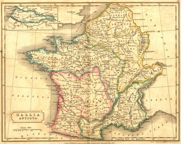 FRANCE Ancient Roman Gaul Gallia Antiqua Hall, 1826 map  