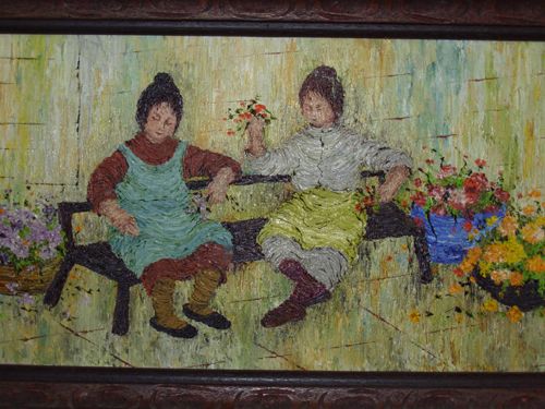 Original Mildred Barrett Oil Painting 2 ladies flowers  