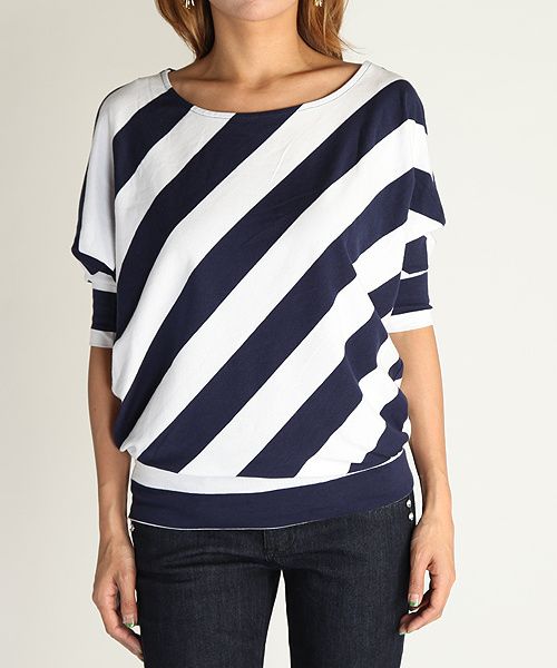 MOGAN Asymmetric Bold Stripe DOLMAN TOP Chic Boat Neck Batwing Short 