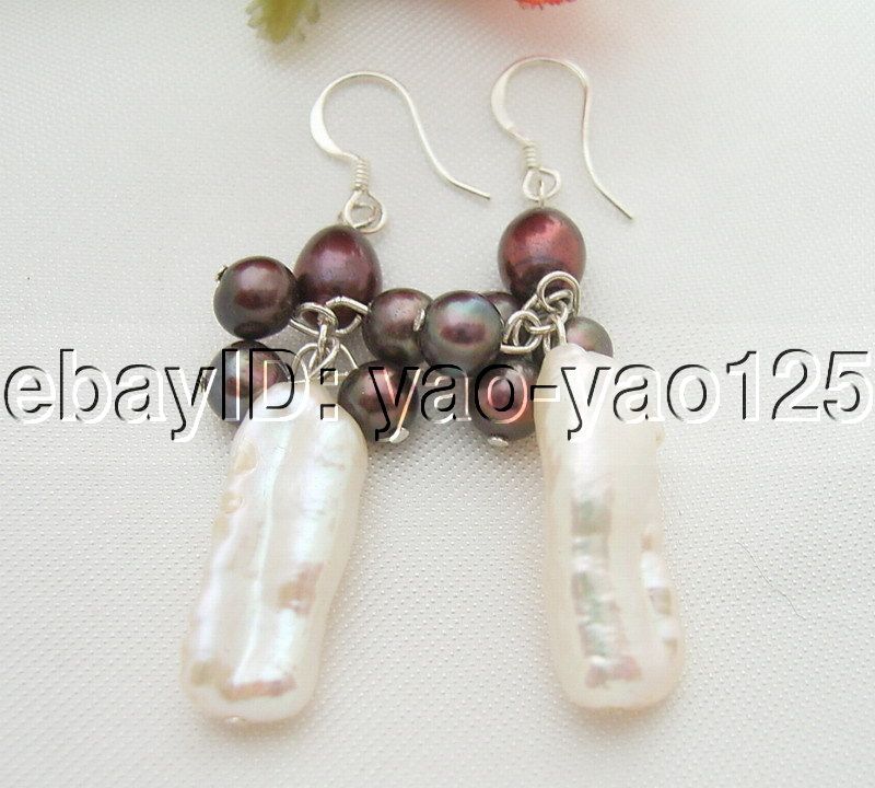 WOW~~~ Black Pearl&Biwa Pearl Earring 925 Silver Hook  