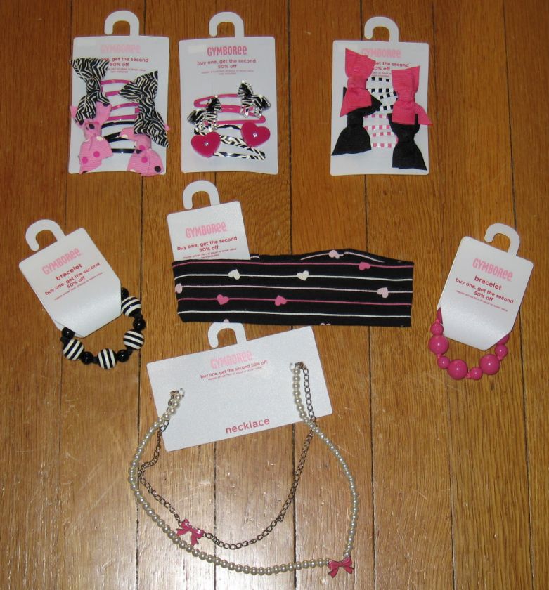 NWT Gymboree Pink Black Hair Bow Snap Clips Headband +  