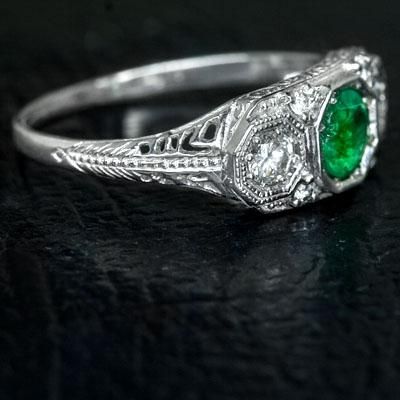 NATURAL EMERALD DIAMOND ART DECO RING VINTAGE 3 STONE WHITE GOLD GREEN 