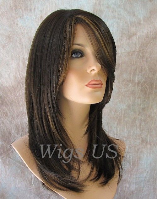   Long Straight HEAT OK Shag Layers Bangs Brown w Highlights Wig  