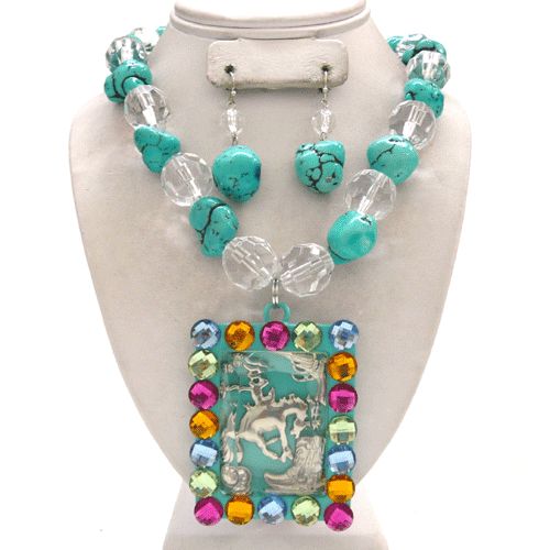 COWGIRL TRENDY TURQUOISE BEAD & BUCKING HORSE NECKLACE  