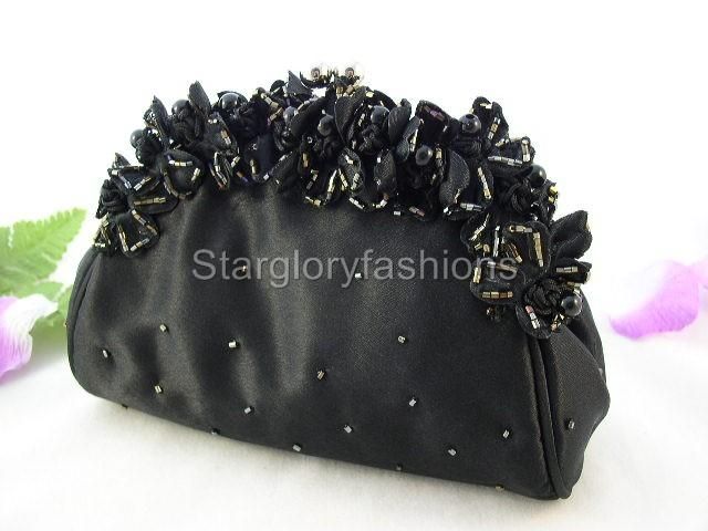 Cute Black Flower Pearls Wedding Prom Clutch Purse  