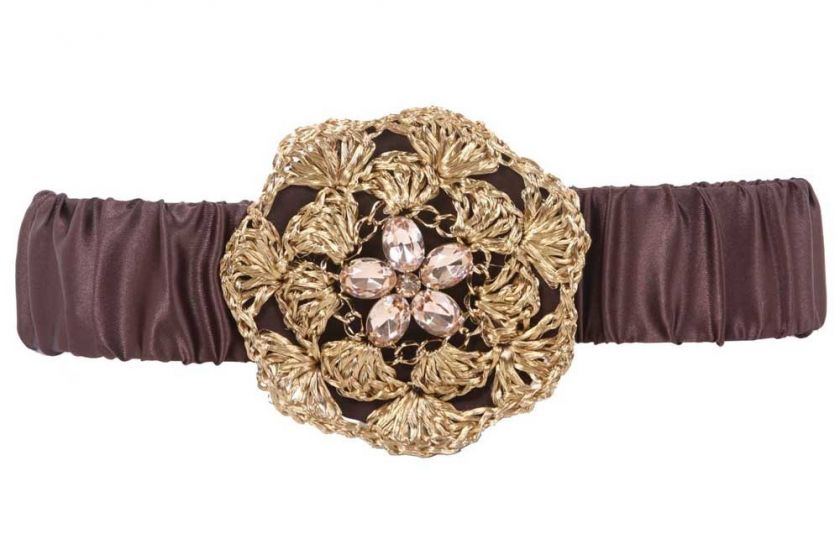 Wide Elastic Rhinestone Fashion Stretch Belt Brown  