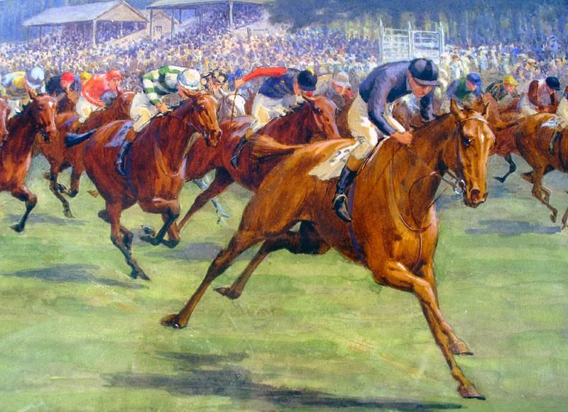 William Hounsom BYLES (1872 1928) WATERCOLOR HORSE RACE  