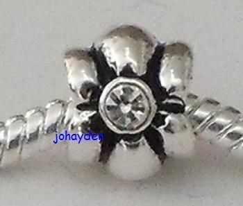 Silver FLOWER w CLEAR CZs European BEADS CHARMS  