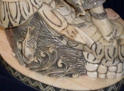 14 Signed Japanese Ox Bone Carving Statue Scrimshaw  