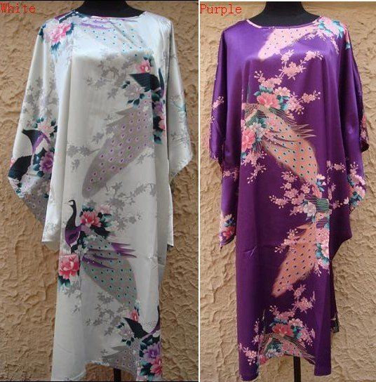 New Green Chinese Womens Silk Robe Bath Gown Flowers Peafowl S M L XL 