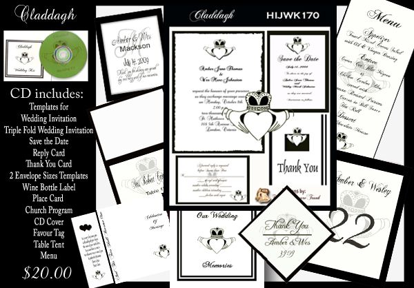 Delux Claddagh Theme Wedding Invitation Kit on CD  