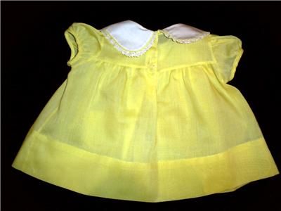 VINTAGE INFANT GIRL 6M 1960s YELLOW WHITE COTTON DRESS LACE POCKET 