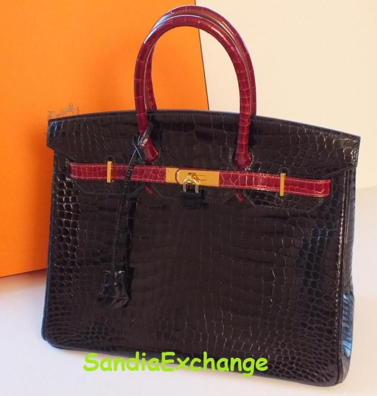 Authentic Hermes Crocodile Porosus Birkin 35 Black Rouge Gold Hardware 