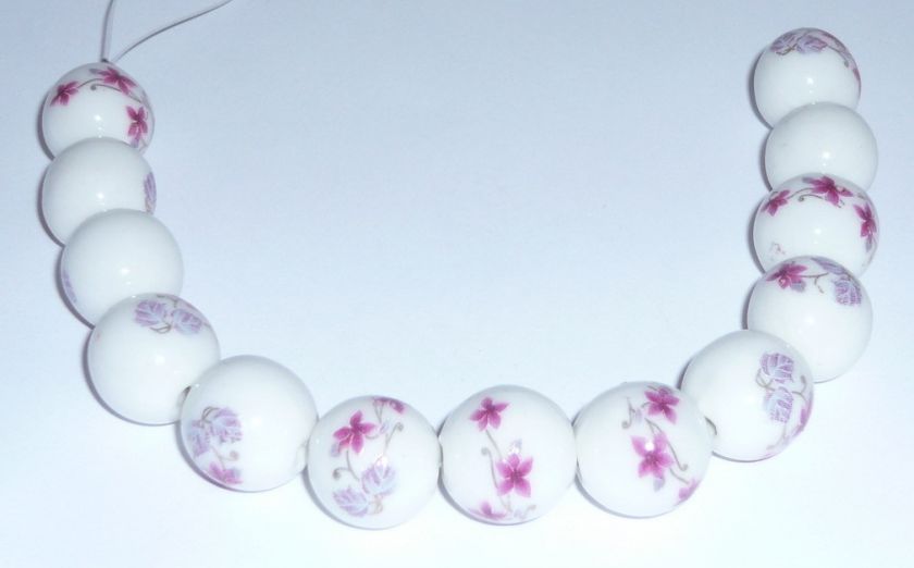 13pcs Porcelain small Flowers Round Bead 13mm White  